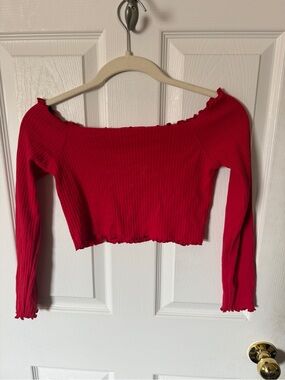 Missguided Red Ribbed Off-Shoulder Long Sleeve Crop Top